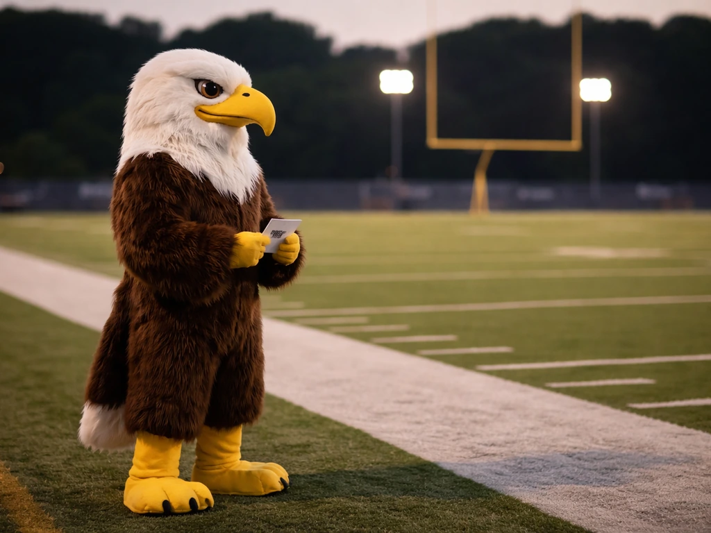 Generic eagle-themed mascot on a quiet football field at dusk, stadium lights softly blurred behind.