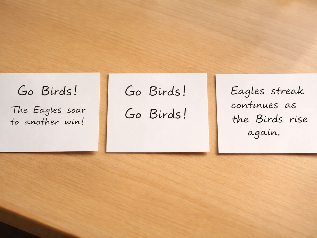 Minimal set of three example cards with handwritten-style text showing sports chants and headline-style lines