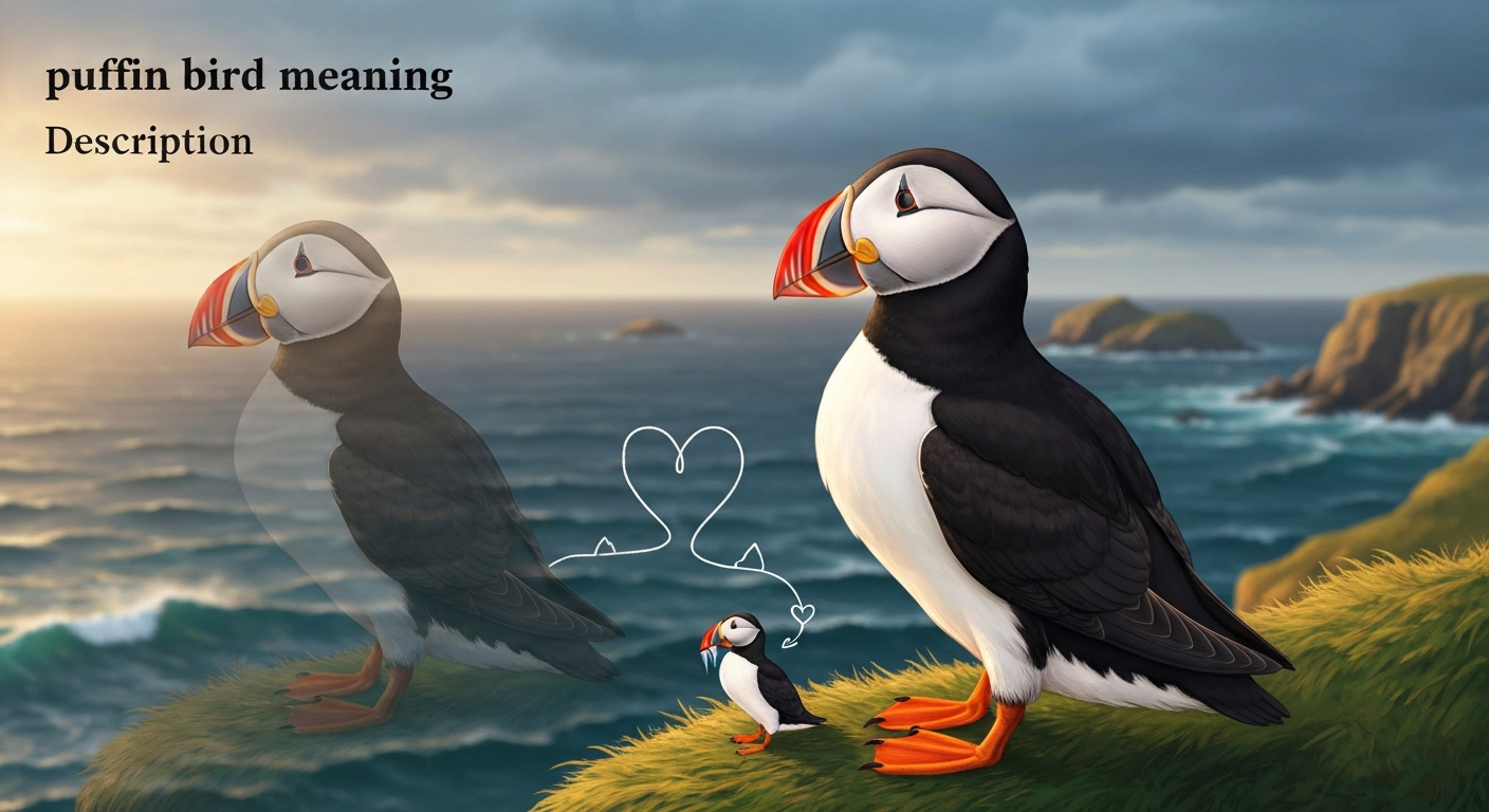 Semi-realistic illustration of an Atlantic puffin standing on a grassy cliff above the North Atlantic, with a vivid breeding bill, a small fish in its bill, a faint overlay showing a dull winter silhouette, and a nearby puffling — symbolizing loyalty, seasonal change, and parenting.