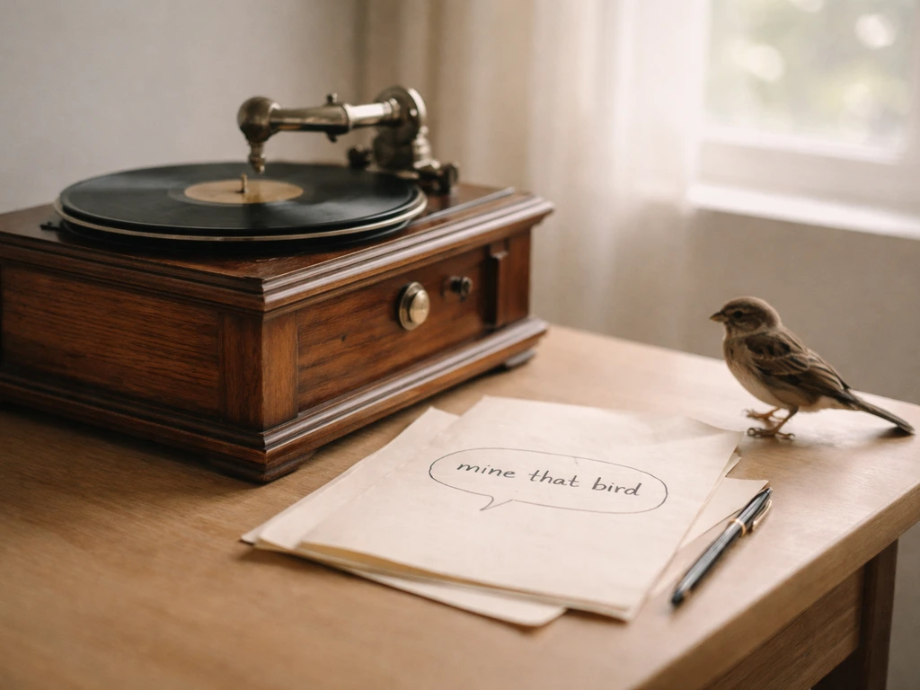 Old phonograph beside a small bird, with simple speech-bubble-style cues reading “mine that bird.”