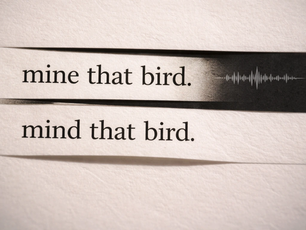Close-up of printed dialogue showing “mine that bird” vs “mind that bird” with a small waveform implying mishearing.