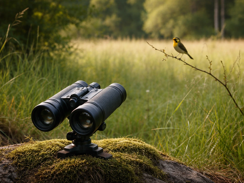 Binoculars aimed at a clearly visible bird perched on a branch in a grassy outdoor field
