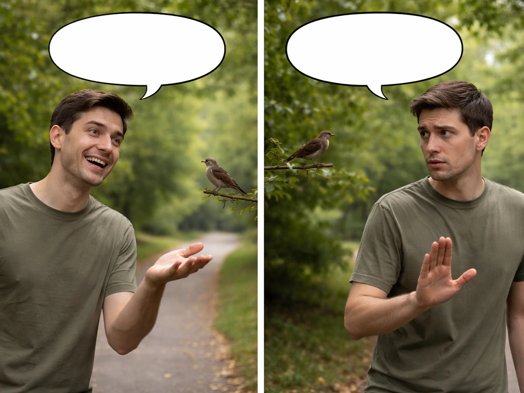 Candid park scene with two contrasting speech-bubble moments suggesting the same phrase said playfully vs seriously.