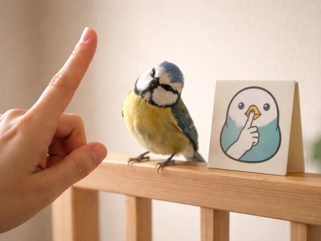 Humorous bird perched near a hand making a “shh” gesture, symbolizing teasing and quiet command tone.