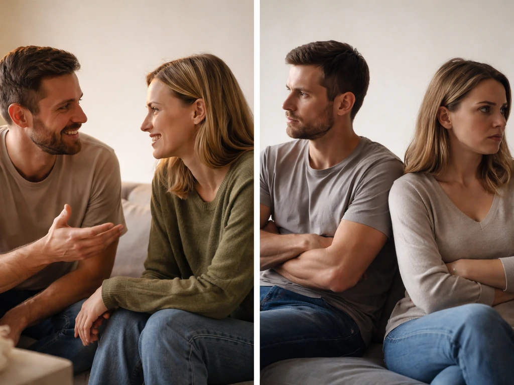 Split photo showing friendly teasing versus crossed-line dismissiveness through body language and mood.