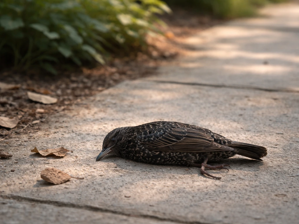 A dead starling lies on a garden path near greenery, softly lit with a calm reflective mood.