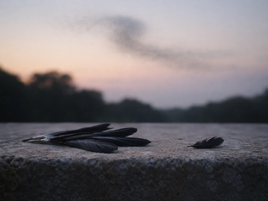 Minimal still life with starlings at rest implied by feathers and a faint murmurations silhouette, contrasted by a dark