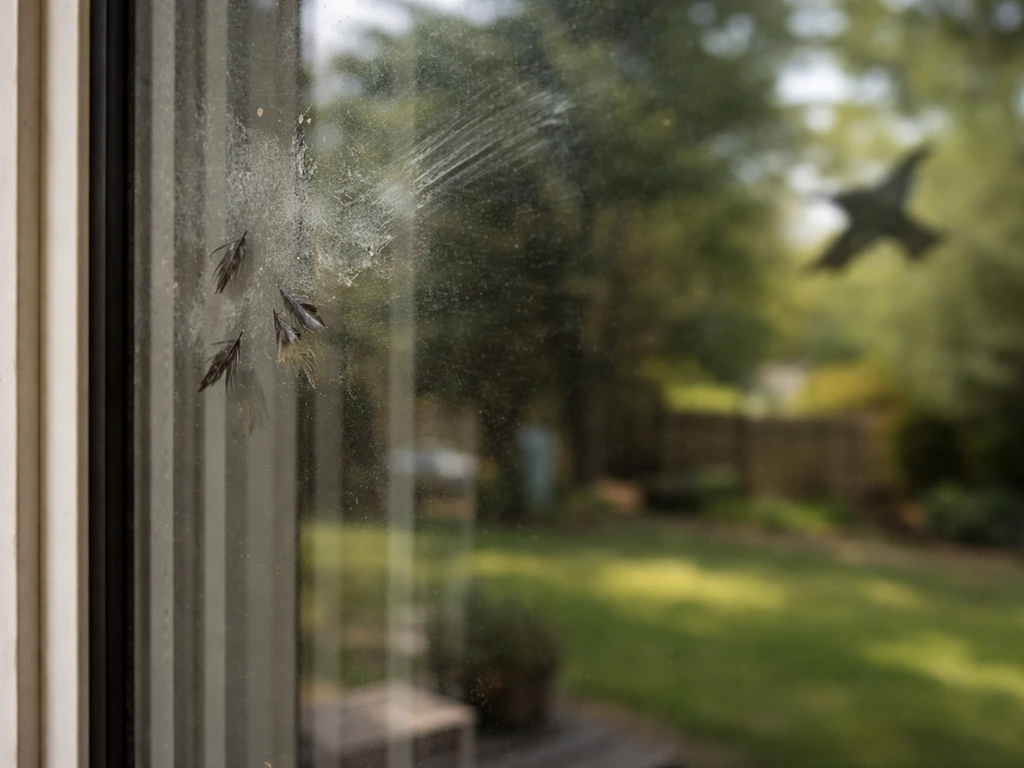 Close-up window pane with smudges and faint impact marks, with a few dark feathers nearby.