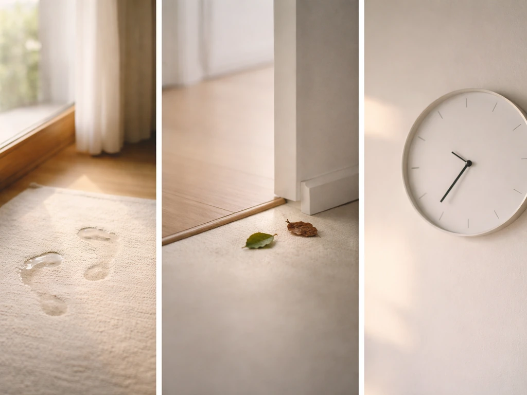Minimal scene showing footprints by a window, a doorway edge, and a simple clock-like time cue