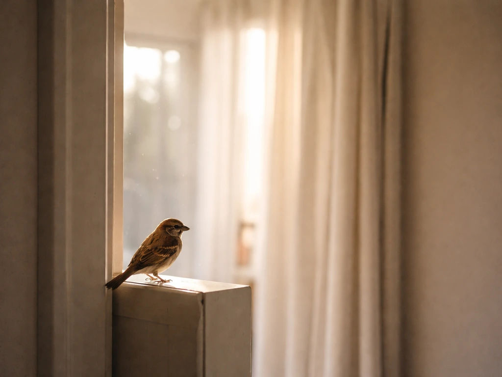 A small bird perched near a doorway opening, cinematic natural light conveying symbolism