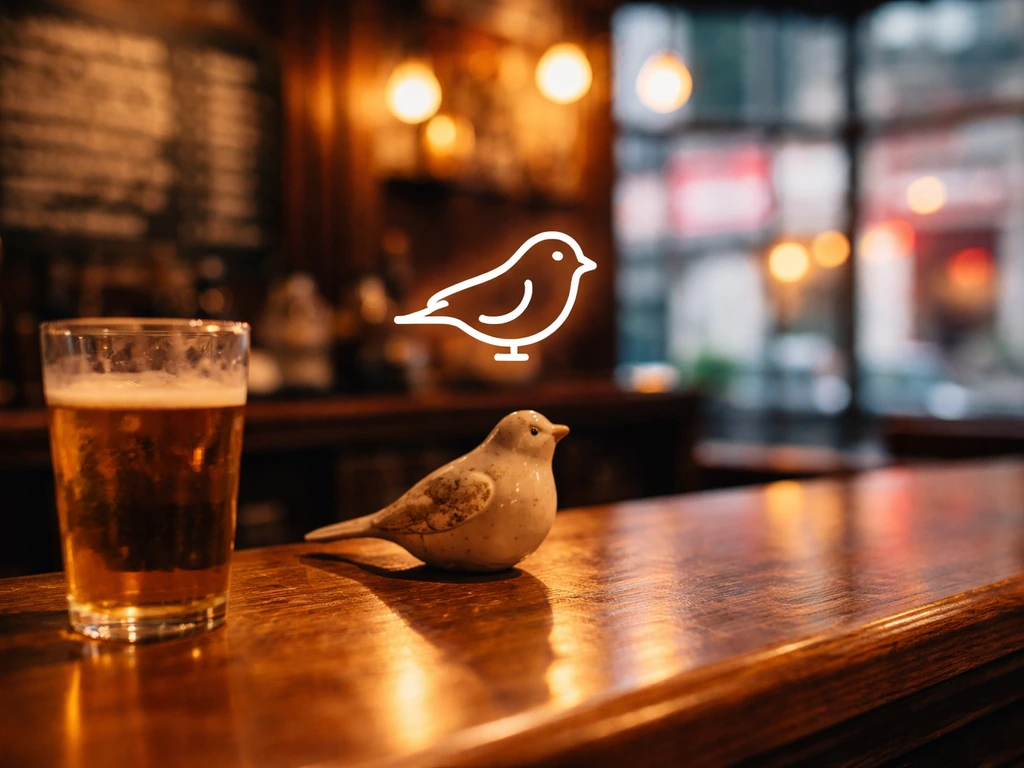 Cozy British pub bar with a ceramic bird figurine and a simple bird icon overlay hinting slang meaning.