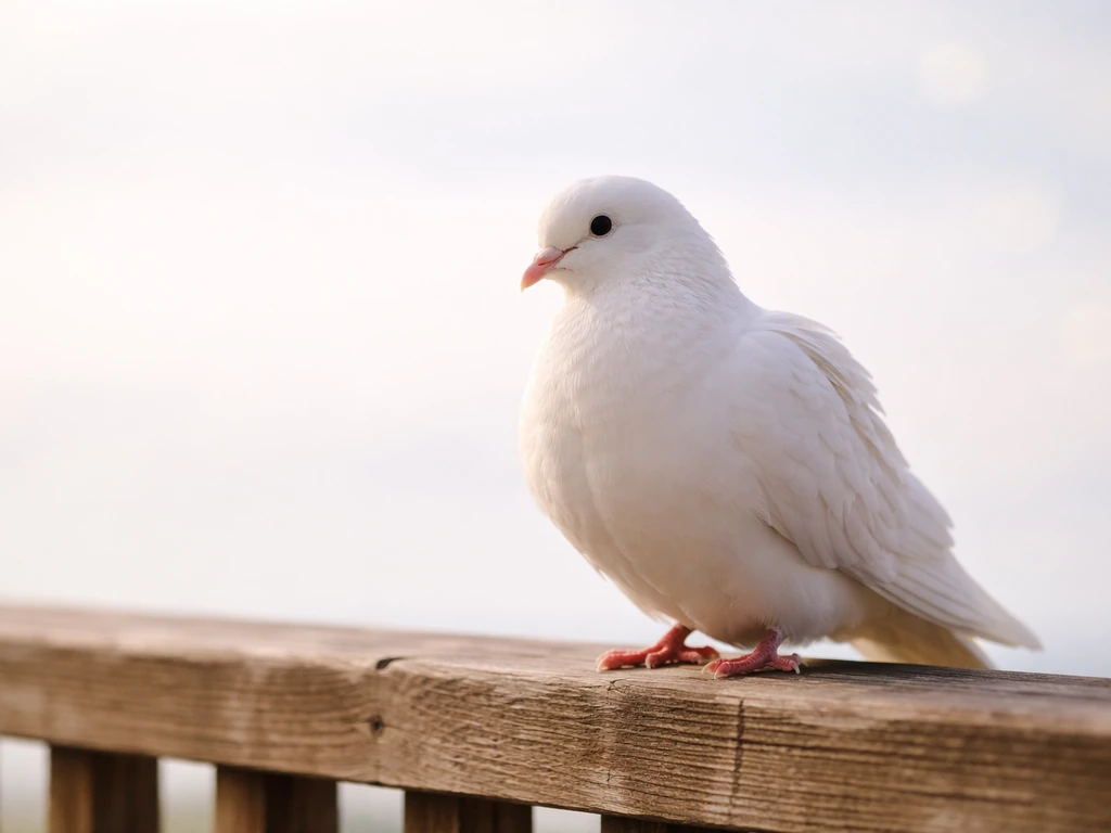 A white dove perched on a wooden rail against a soft pale sky, symbolizing peace.