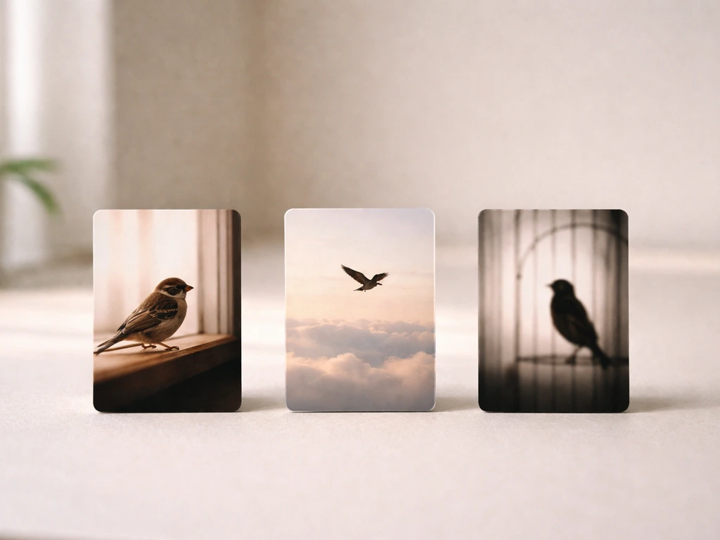 Three minimal flashcards on a desk showing a sparrow, a flying bird, and a caged bird silhouette.