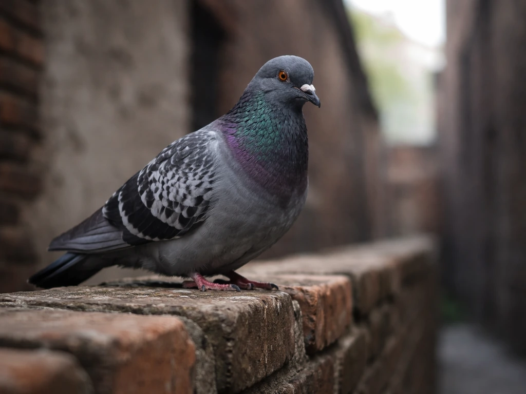 Close-up pigeon perched on an old brick wall in an urban setting at natural light