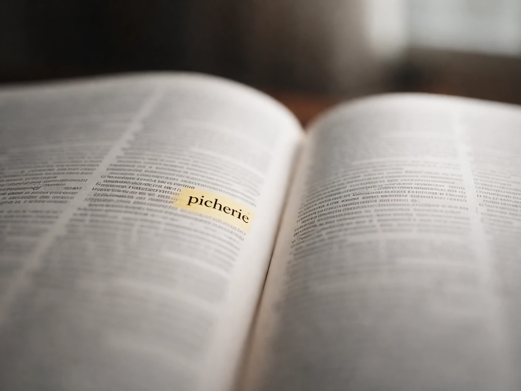 Close-up of an open dictionary page with the word “picherie” highlighted in a soft yellow glow.
