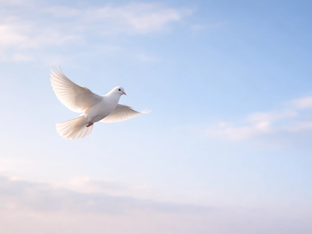 A single white dove glides in a soft blue sky, symbolizing peace and divine connection.