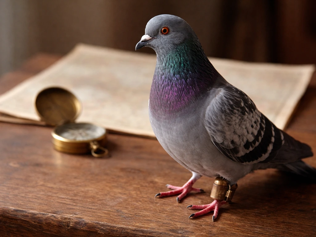 A carrier pigeon with a small message tube stands beside a vintage compass and muted map.