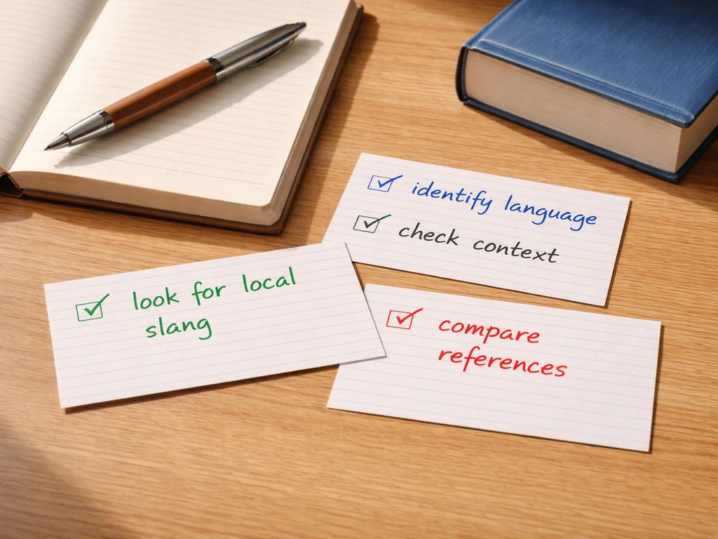 Minimal desk scene with an open notebook and index-card checklist for verifying a word’s meaning.