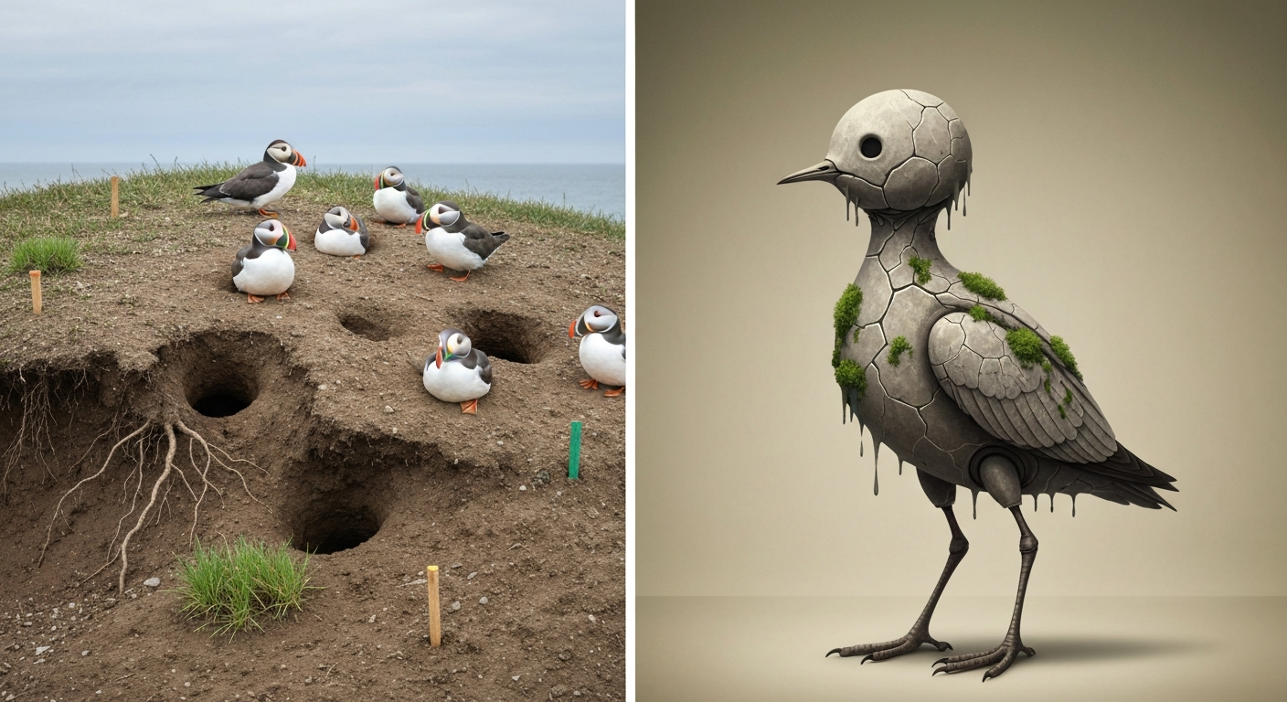 Split image: left, photorealistic seabirds and eroded cliff topsoil with burrows and restoration markers; right, stylized surreal Erosion Bird creature with crumbling stone-feather texture and moss, presented like a nature documentary image.