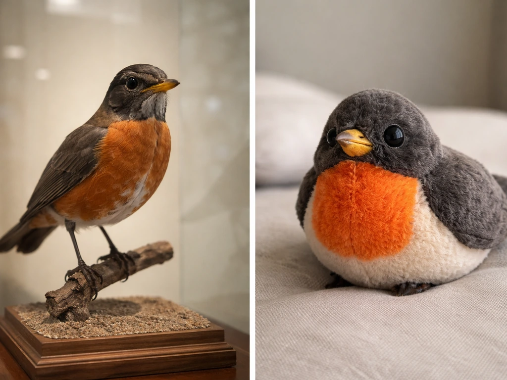 Split scene showing a taxidermied bird in a display case and a plush stuffed bird side by side.