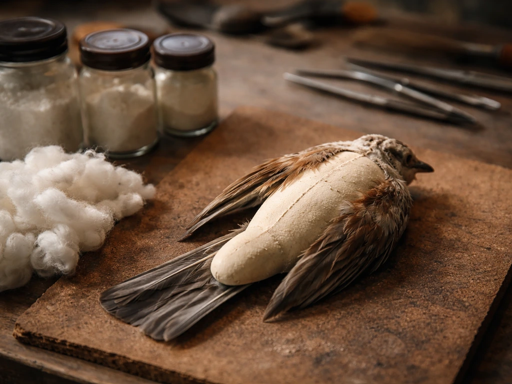 Close-up of treated bird skin on a mannequin form with preservation materials on a taxidermy workbench.
