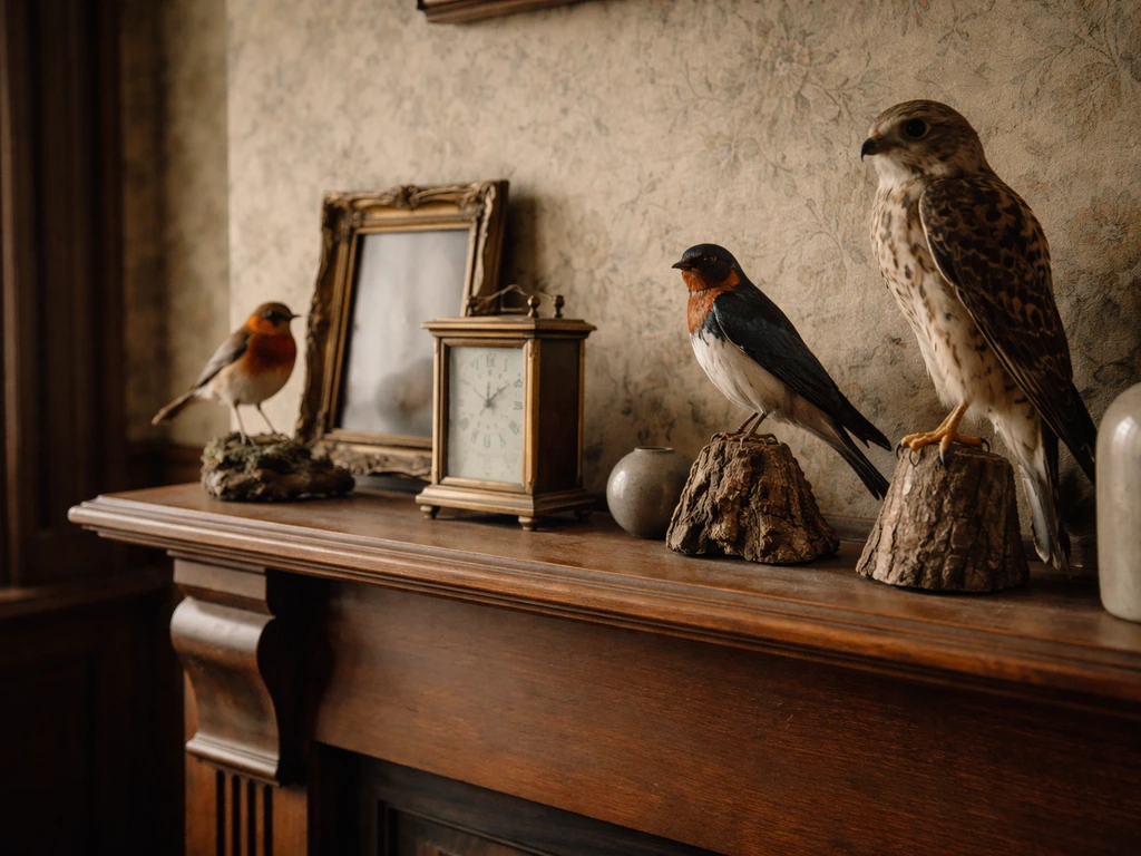 Vintage mantel with taxidermied birds and warm antique home décor in soft natural light.