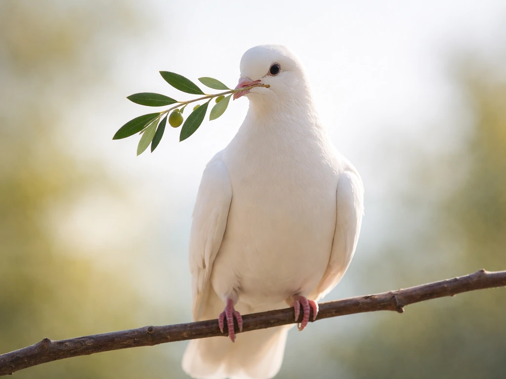 White dove perched with an olive branch, symbolizing peace.