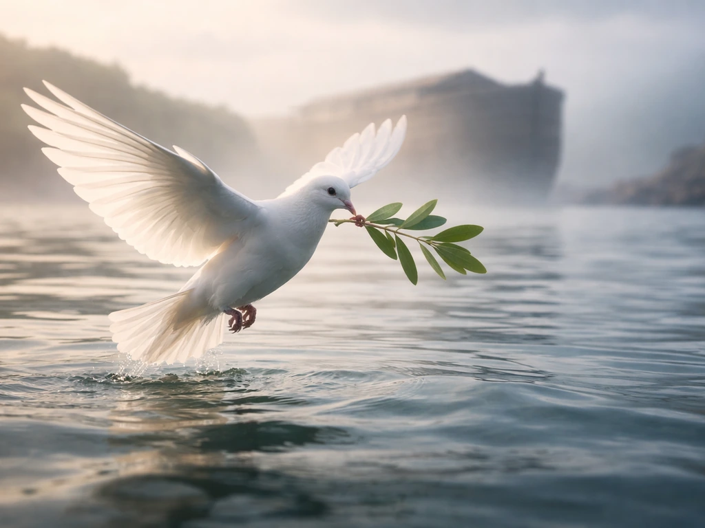 White dove with an olive branch hovering over calm water, with a softly blurred ark in the background.