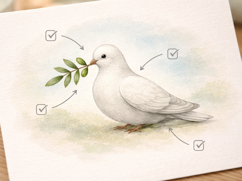 Peace-bird artwork with an olive branch, shown with a simple scannable checklist overlay of visual cues.