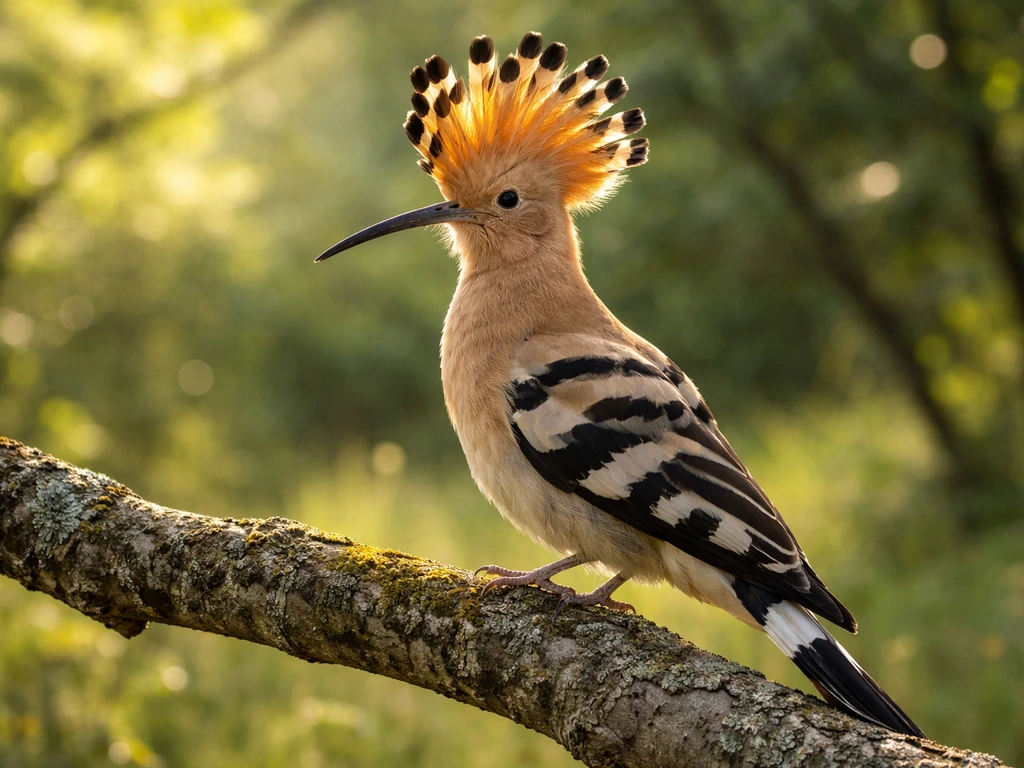 Hoopoe bird perched on a natural branch with its fan crest raised, showcasing its iconic look.