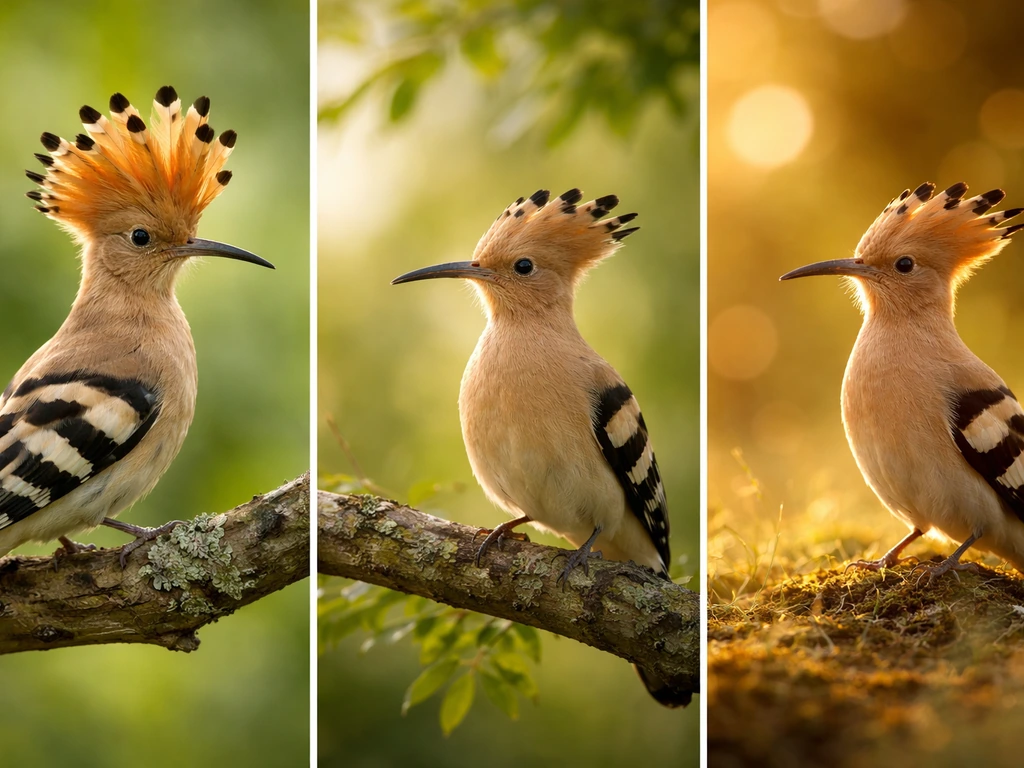 Three-panel photo-style scenes of a hoopoe bird showing crest, listening vibe, and warm symbolism mood.