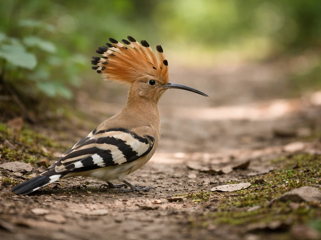 Hoopoe-like bird silhouette on a natural woodland path, showing a clear fan-shaped crest pattern