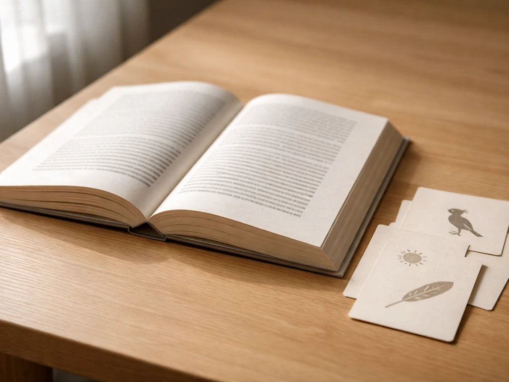 Open book and blank proverb-style cards with subtle hoopoe icons on a wooden table.