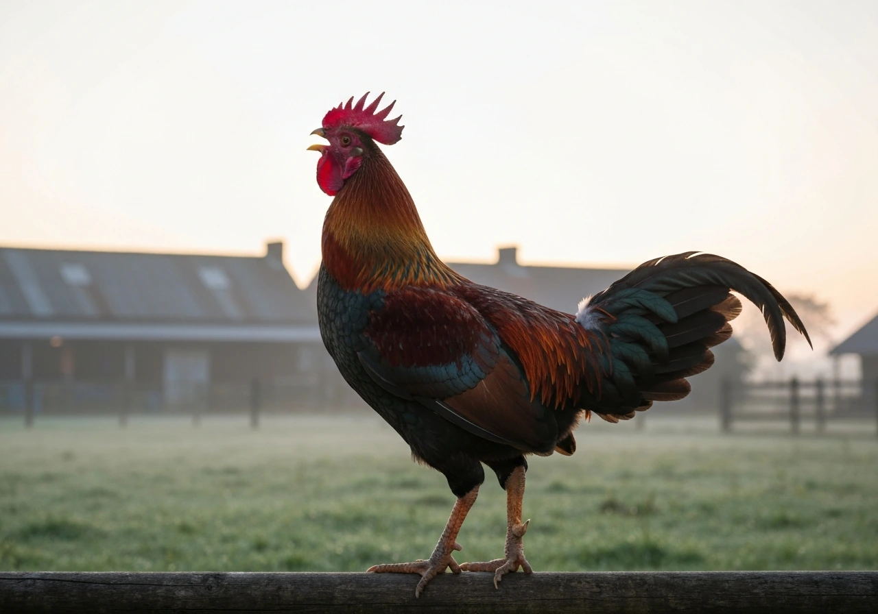 Reddish rooster on a fence at dawn with misty morning light, suggesting a “kokok” bird-call.