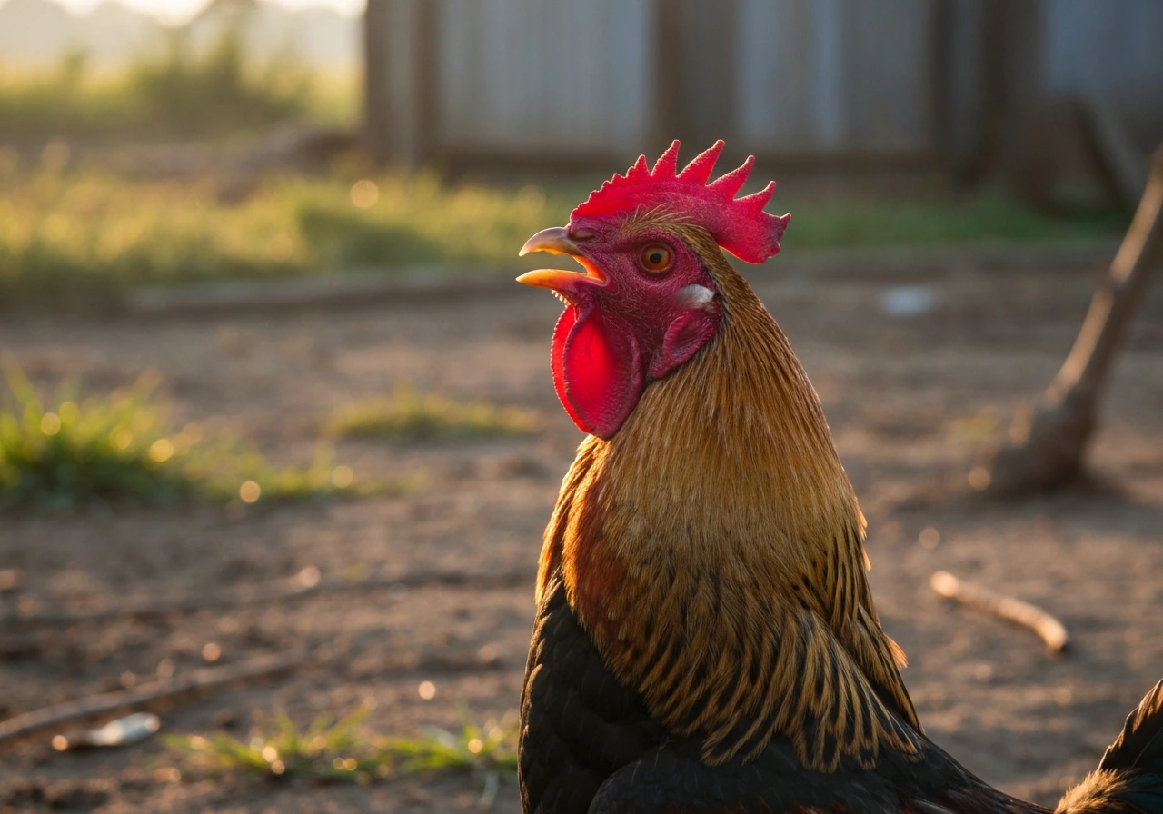 Rooster close-up calling at dawn with soft golden morning light and blurred rural background.