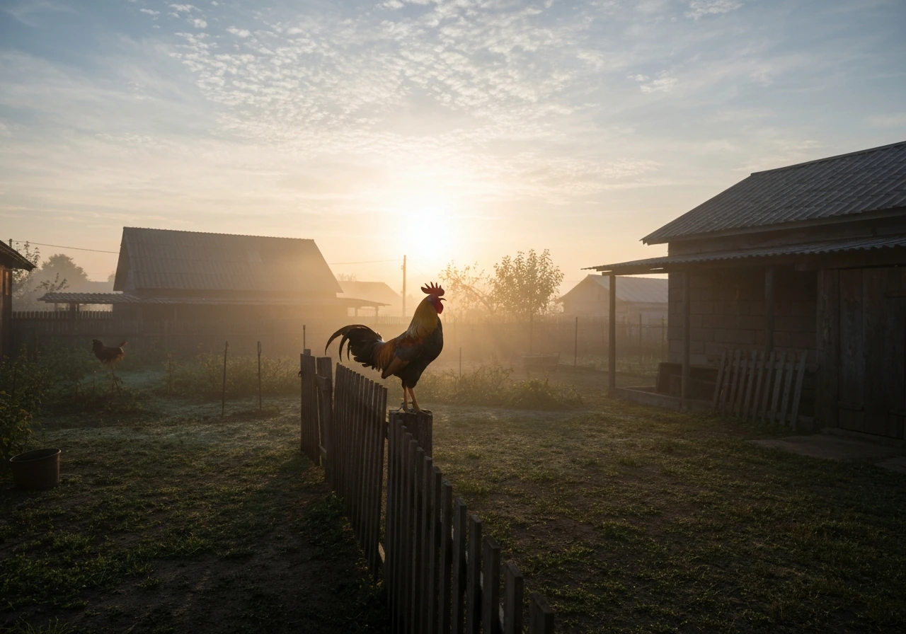 A rooster perched on a fence at dawn with misty village rooftops behind it