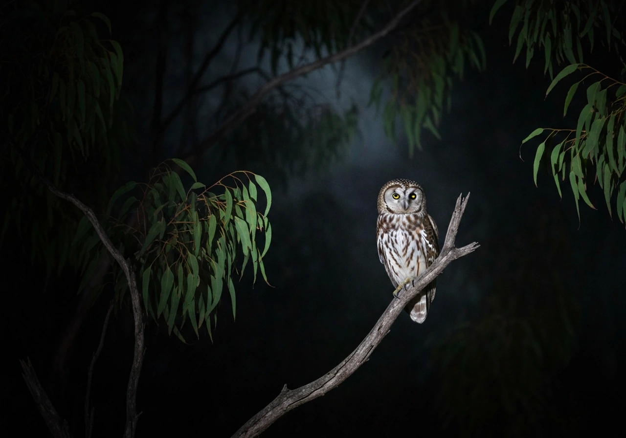 A camouflaged owl perched in a dark Australian bush at night, softly lit by moonlight.