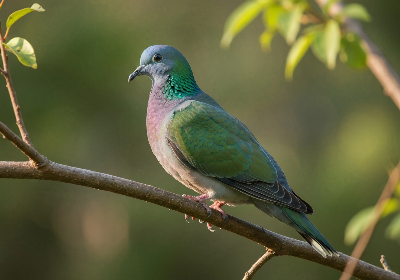 Close-up of an emerald dove/pigeon on a tree branch with iridescent green feathers in natural light.