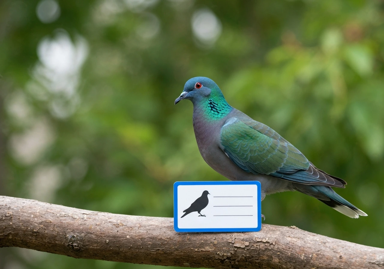 Emerald dove perched beside a small dove/pigeon identification card symbolizing Tamil “புறா” meaning.