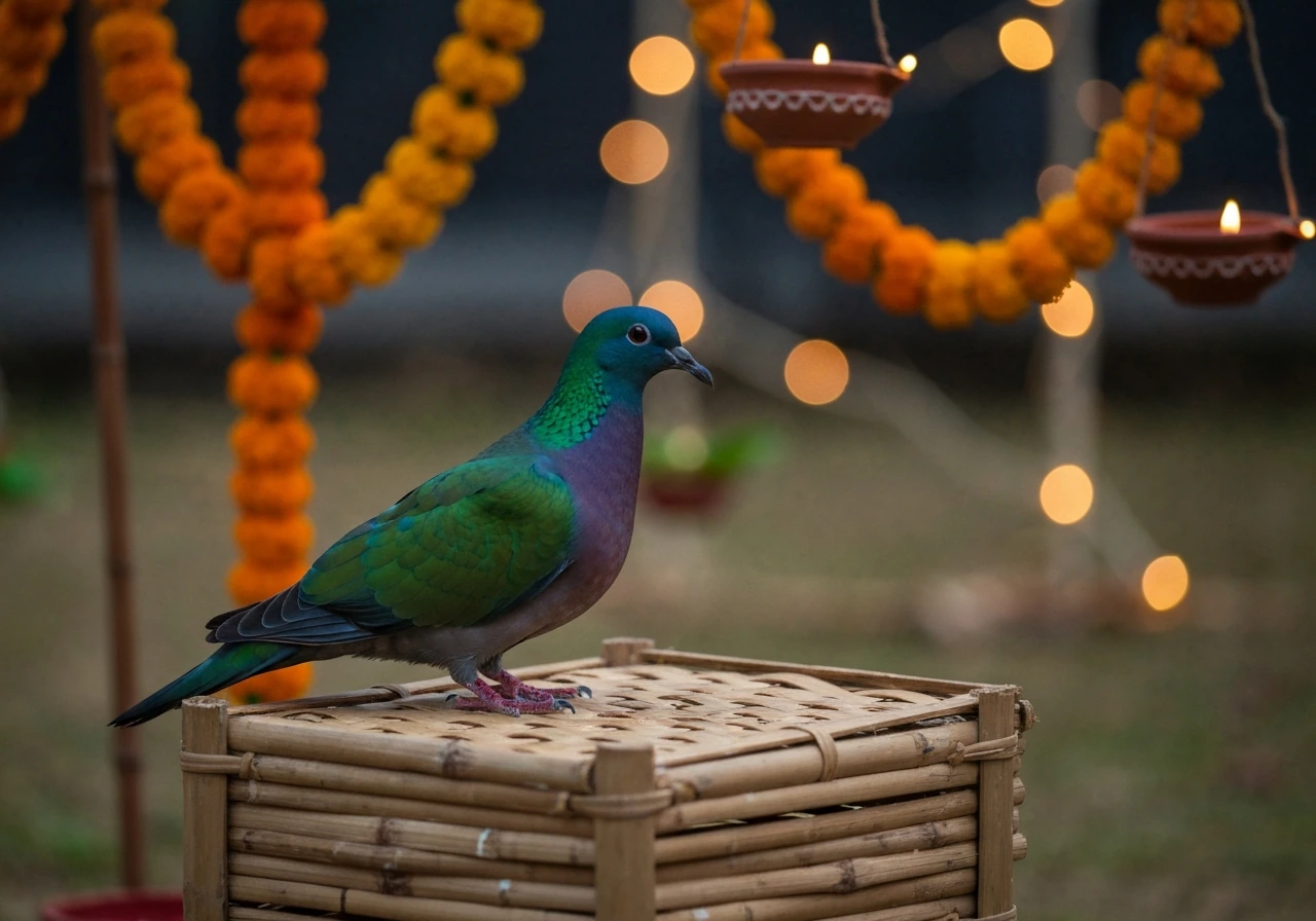 Green emerald dove perched beside traditional South Asian festival decorations in soft natural light.