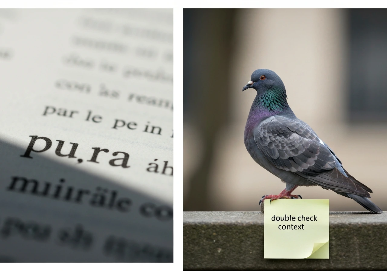 Split image: blurred word fragment “pura” on a page beside a clear pigeon/dove, hinting to double-check context.