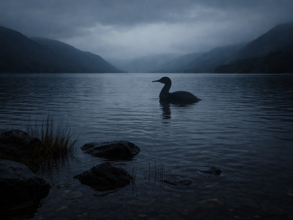 Misty Scottish loch shoreline at dusk with a looming, ominous waterbird silhouette in the water.