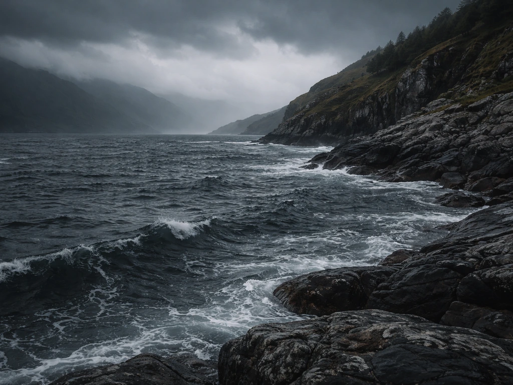 Stormy Scottish loch and rocky coastline with misty cliffs and churning dark water at dusk.