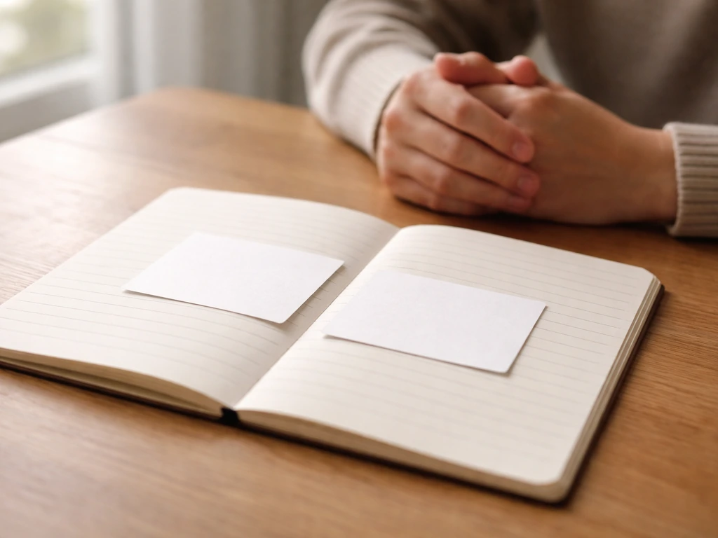 Minimal desk scene with a notebook and two small reference cards suggesting two different meanings.