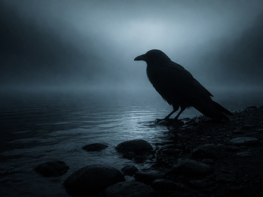Eerie bird silhouette on a foggy loch shoreline with a glowing waterline, uncanny wild atmosphere.