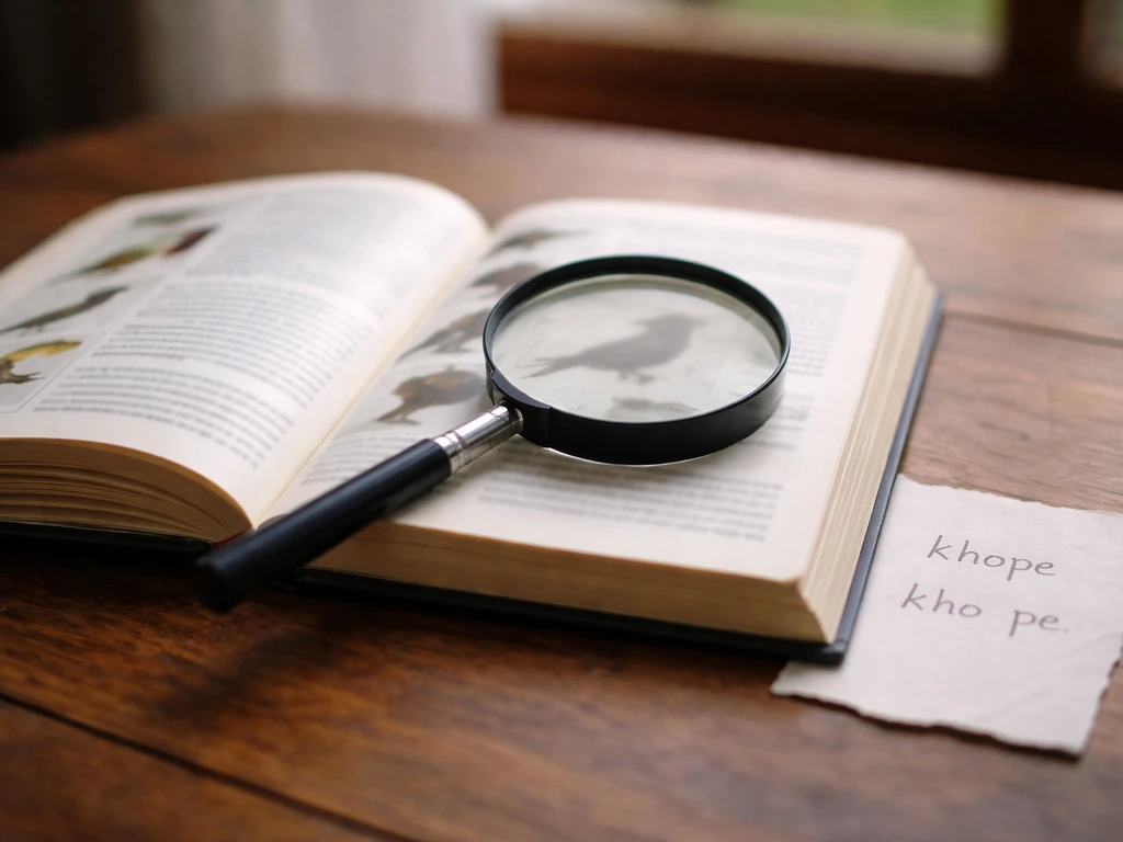 Open field guide book with a magnifying glass examining a bird silhouette for spelling/meaning verification.
