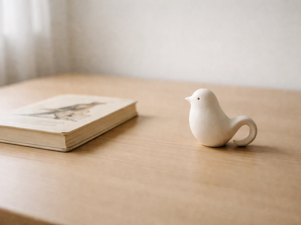 Minimal desk scene with a small question-mark bird figurine and an empty bird field-guide book, suggesting uncertainty.