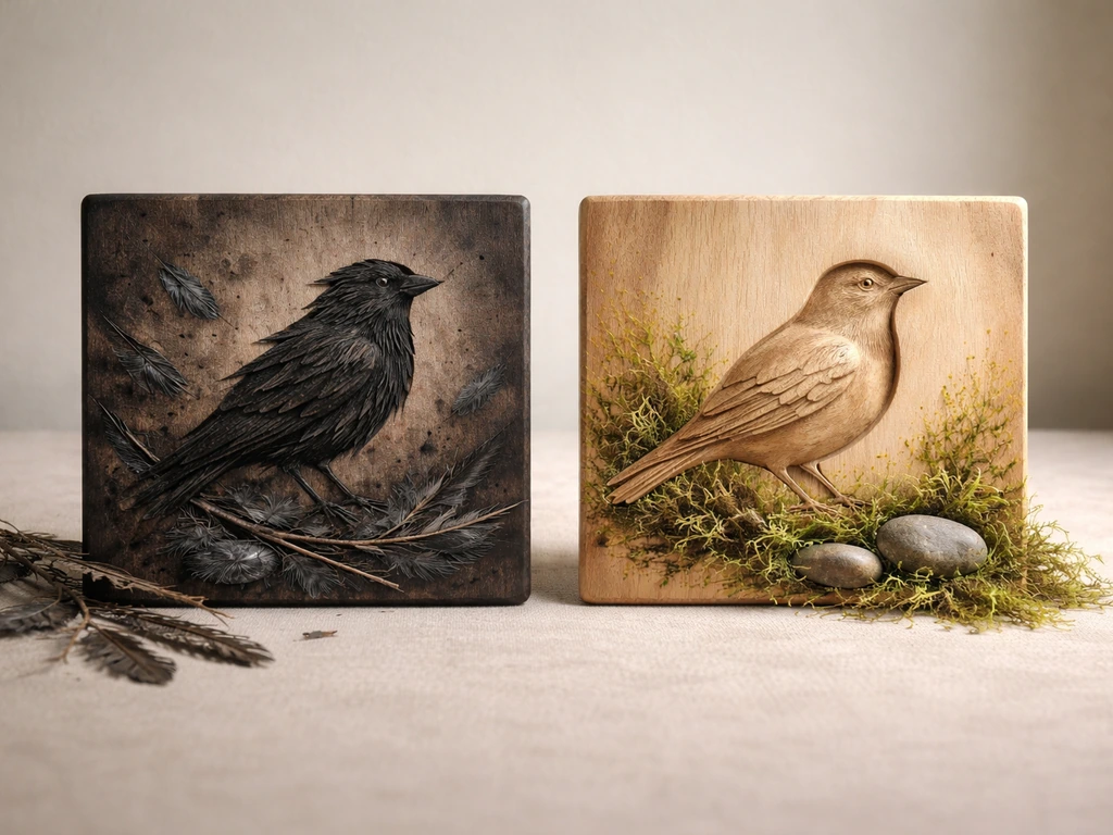Two side-by-side wooden plaques showing harsh vs gentle bird symbolism with carved silhouettes and natural props.
