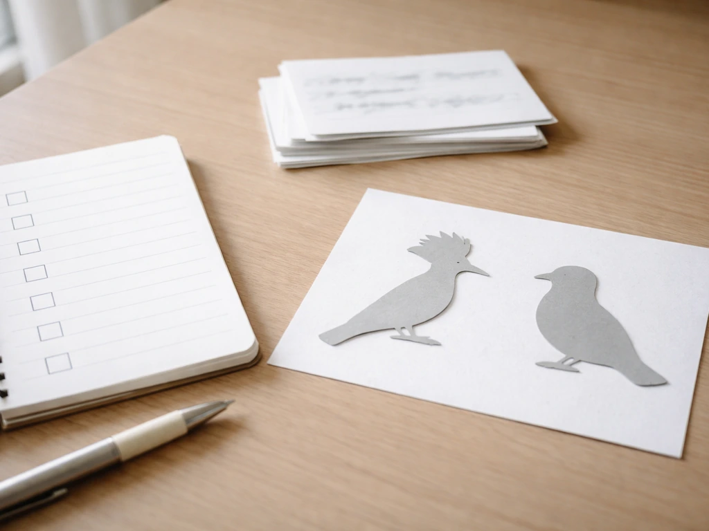 Minimal desk scene with blank checklist boxes and two generic bird silhouette cutouts for comparison.