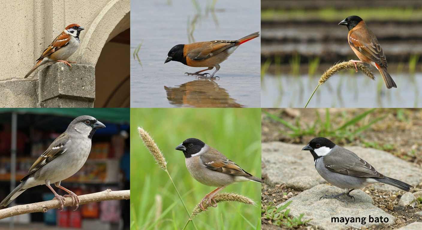 Collage showing five Philippine 'maya' birds: a Eurasian Tree Sparrow on a church eave, Chestnut Munia at a rice paddy, Scaly-breasted Munia on a grass seedhead, Java Sparrow on a garden branch, and a small Lonchura-like finch on rocky ground, all in warm daylight, high-detail.
